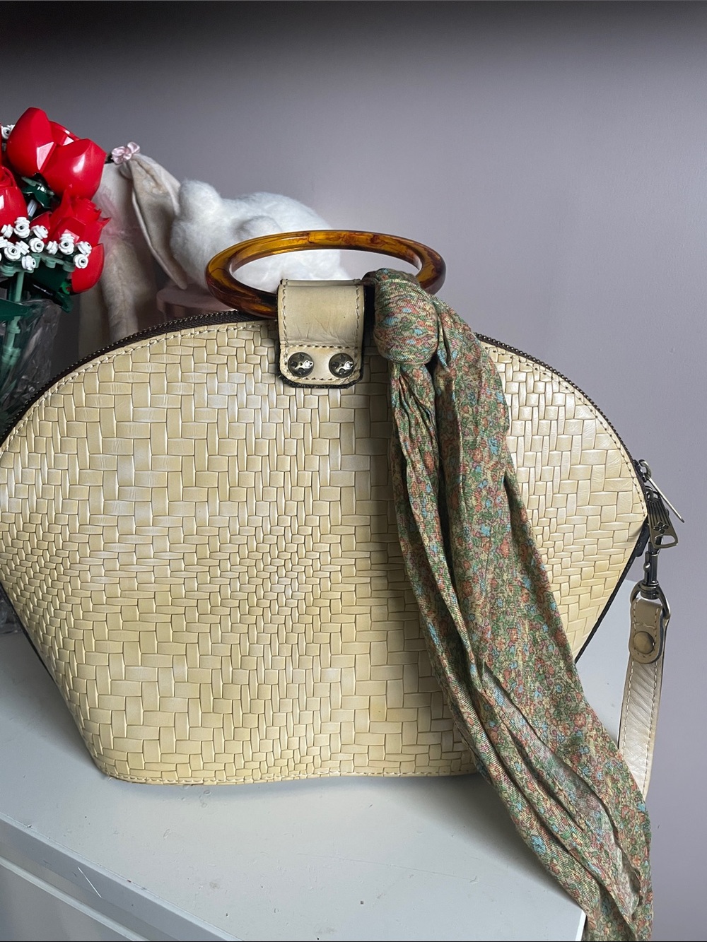 Patricia Nash Cream Woven Dome Tote with Amber Handle